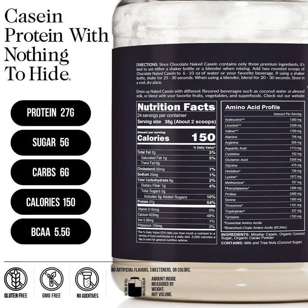 Chocolate Casein Protein Powder - Chocolate with a Simple, Easy - Mix Protein Formula