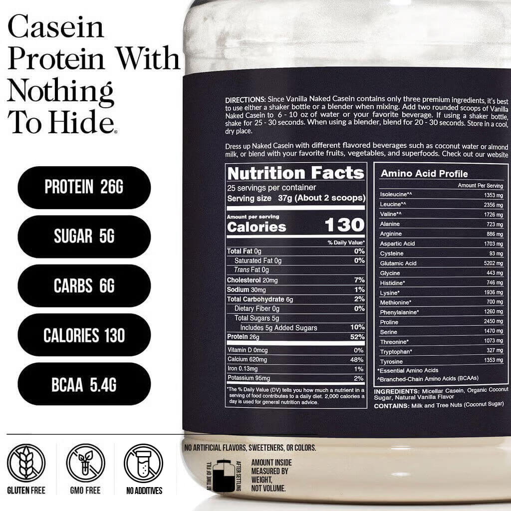 Vanilla Casein Protein Powder - Vanilla - Standard Size with a Simple, Easy - Mix Protein Formula