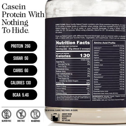 Vanilla Casein Protein Powder - Vanilla - Standard Size with a Simple, Easy - Mix Protein Formula