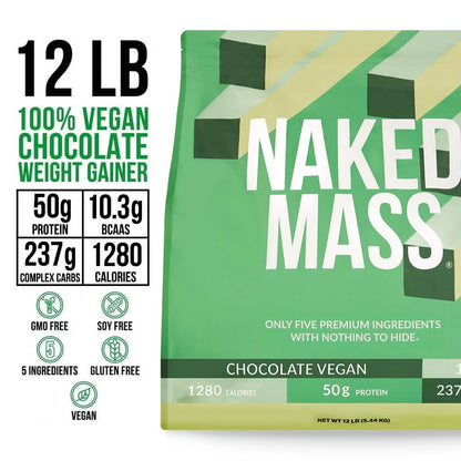 Chocolate Vegan Mass Gainer Supplement - Chocolate (Vegan) 12LB for Easy Protein and Calorie Mixing