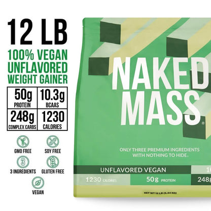 Vegan Mass Gainer Supplement - Unflavored (Vegan) 12LB for Easy Protein and Calorie Mixing